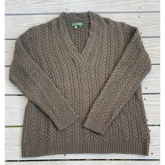 Ralph Lauren Sweater Womens 2X Green Cable Knit V-Neck Fisherman Preppy Cotton - Picture 1 of 16